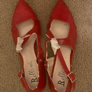 Red Patten Leather Criss Cross Straps Pumps